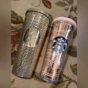 Starbucks 2017 Venti Cold Cup Rose Gold Pink/2022 Holiday Gold Studded Tumblers